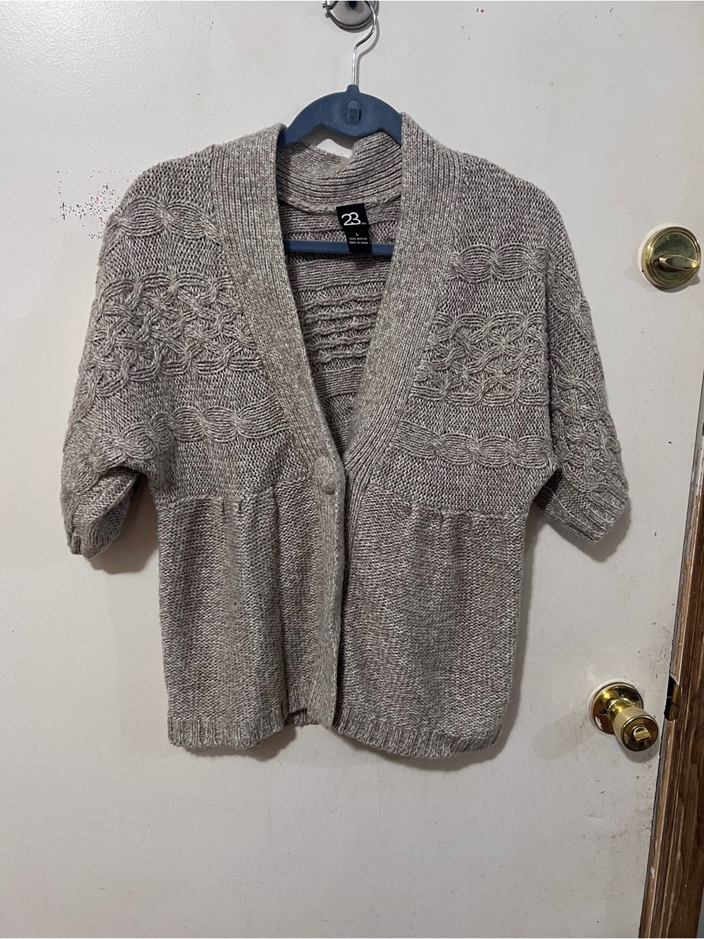 Short Sleeve Cable Knit Cardigan - Taupe Gray